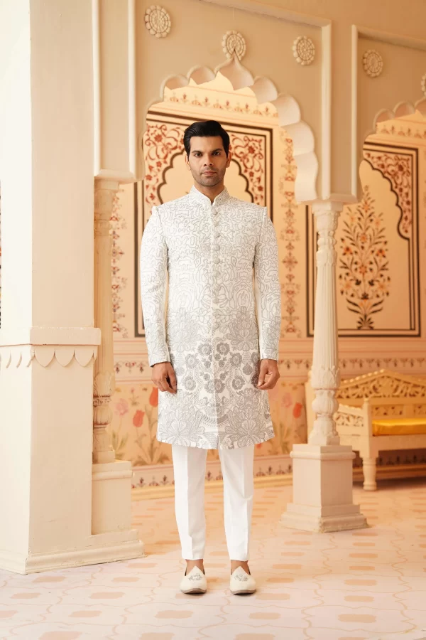 Tonal white ceremonial sherwani